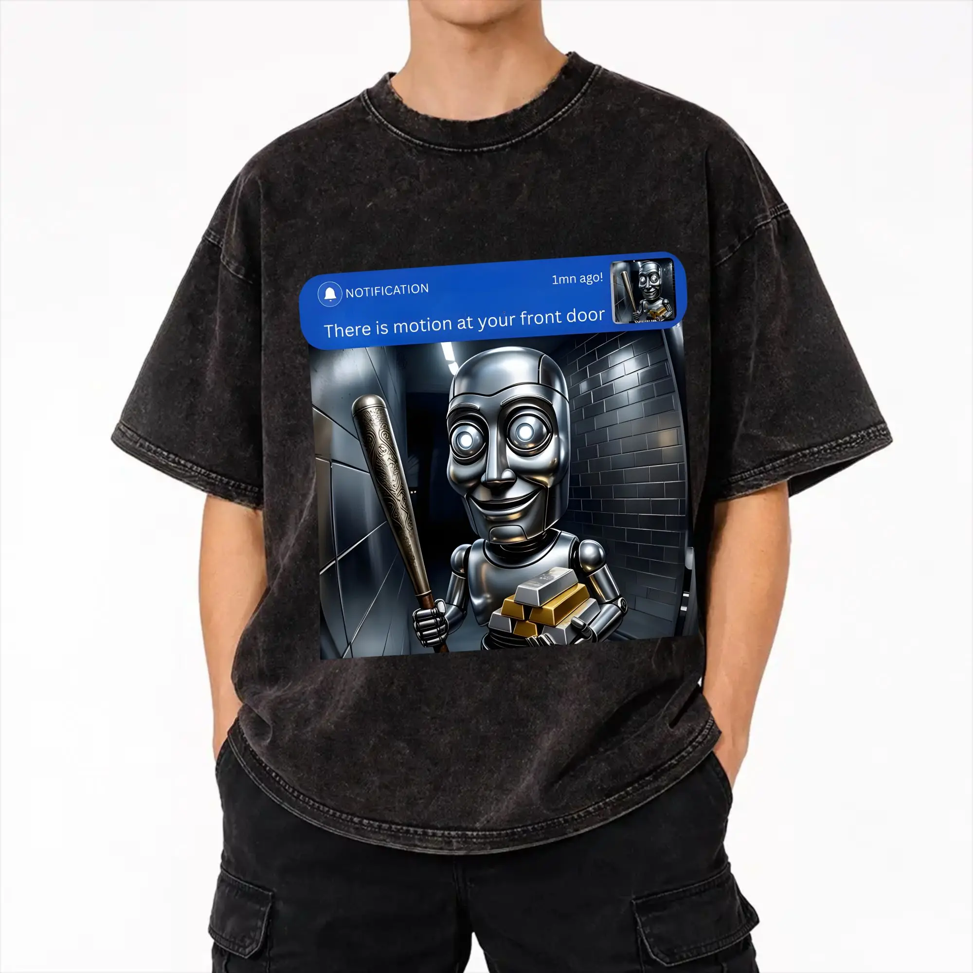 There Is Motion At Your Front Door Tung Tung Tung Sahur Robot  Outfit Washed T Shirts Men Women Streetwear Hip Hop T-Shirt
