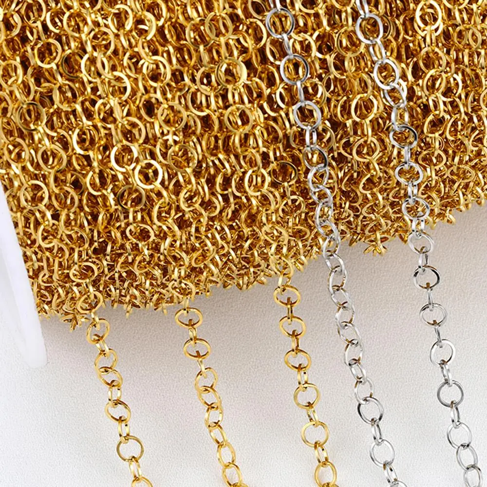 手作りのステンレス鋼のネックレスとブレスレット,2メートルのリングチェーン,ゴールドカラー,ジュエリーコンポーネント,サプライ
