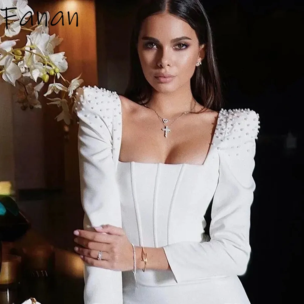 Personalizado Jiayigong moda elegante blanco vestidos de noche largos cuello cuadrado mangas completas rebordear vaina té-longitud boda Gue