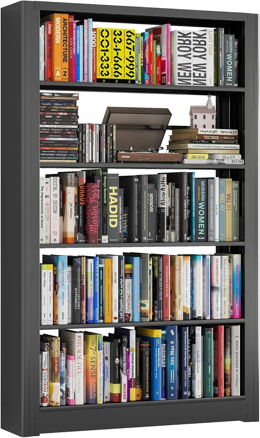 69 inch 5-storey bookshelf with adjustable storage rack, metal bookshelf for home office, living room, bedroom, library