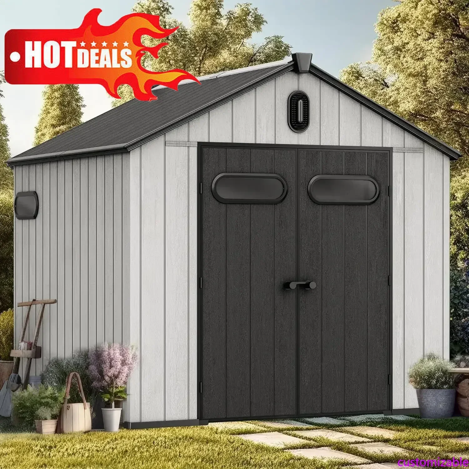 

Customizable 8x8ft Outdoor Resin Storage Shed With Floor, 427 Cuft Waterproof Garden Shed With Lockable Door, Windows & Vents