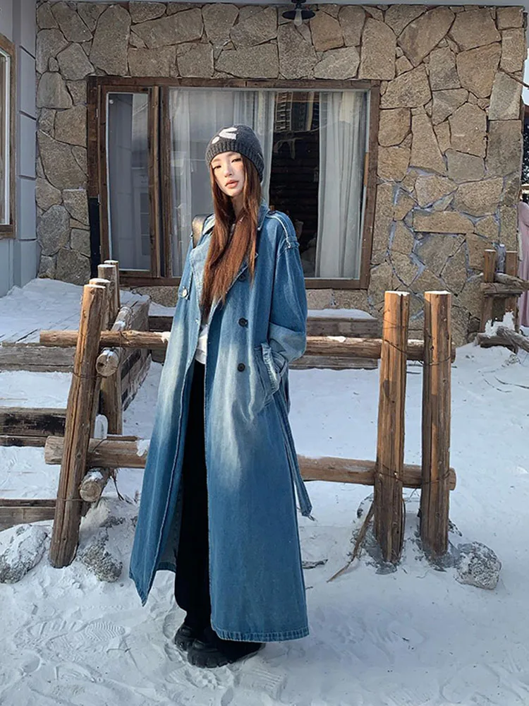 Trench-coat en denim à double boutonnage, style hongkongais, pour le printemps 2025, sens du luxe et rétro, ample, décontracté, tendance