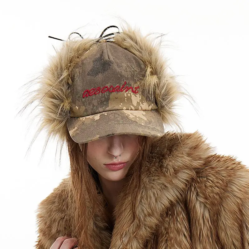 Retro Embroidery Winter Warm Padded Ear Protection Duck Baseball Cap American hip-hop Women CamouflageImitation Sable Velvet Hat