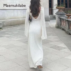 Maemukilabe Elegant Lady Crochet Low Cut V Neck Backless Dress Women Knitted Hollow Out Long Dress Beach Club Party Vestidos