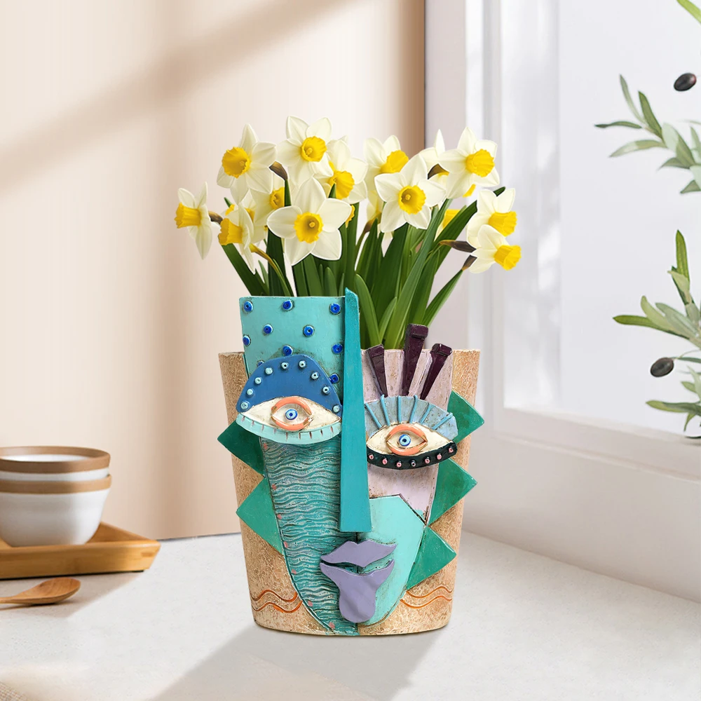 Bunter Abstrakter Gesichts-Blumentopf für Innen- und Außenpflanzen Haus-Garten-Kunstdekoration Lustige Dekorative Kopf-Vase – Detail 5