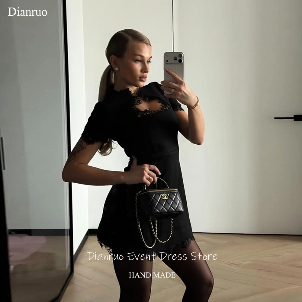 

Dianruo A Line Lace Trim Prom Dresses Black Short Sleeves Birthday Dress High Neck Cut Out Fashion Homecoming Dresses Customized