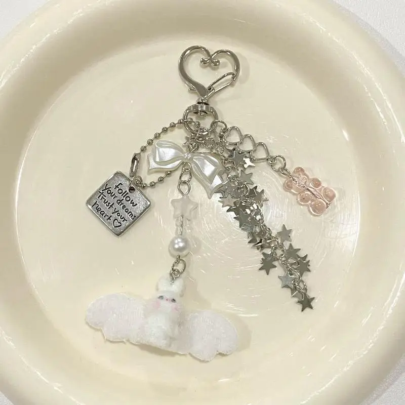 Niedlicher Engel-Häschen-Schlüsselanhänger, weicher Plüsch-Anhänger mit Schleife und Sternen-Charms, perfekt als tägliches Geschenk für Mädchen, Rucksack-Deko. – Detail 7