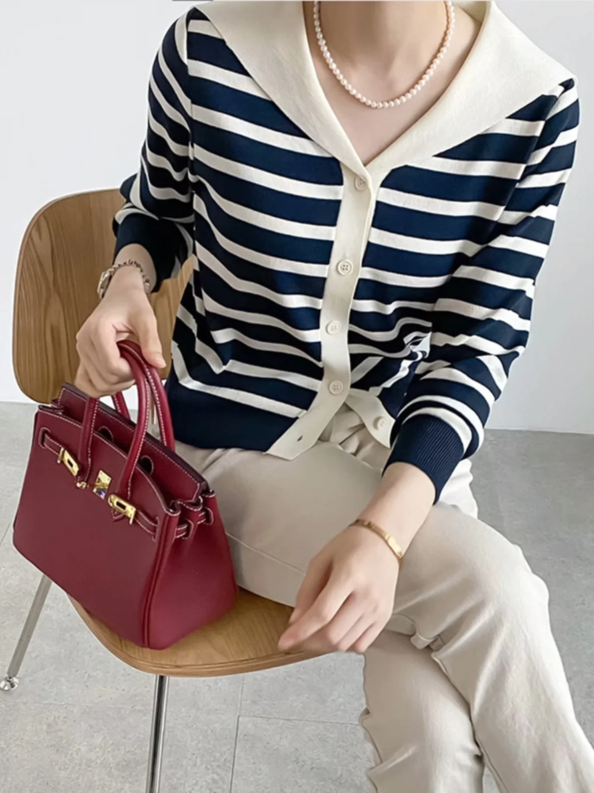 

Striped Knitted Cardigan Women's Faionable Agel Navy Collar Single Button Long Sve Sweater Jaet Top for Autumn