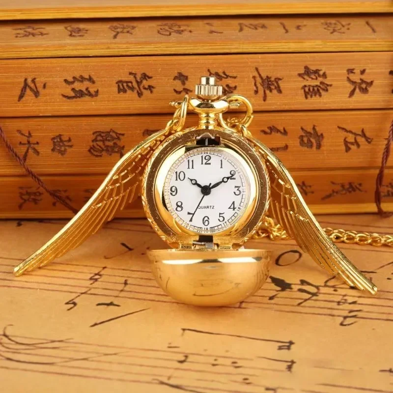 Harry Potters Golden Snitch Quartz Pocket Watch Angel Wing Ball Vintage Pocket Watch with Necklace Kids Toys Jewelry Accessories