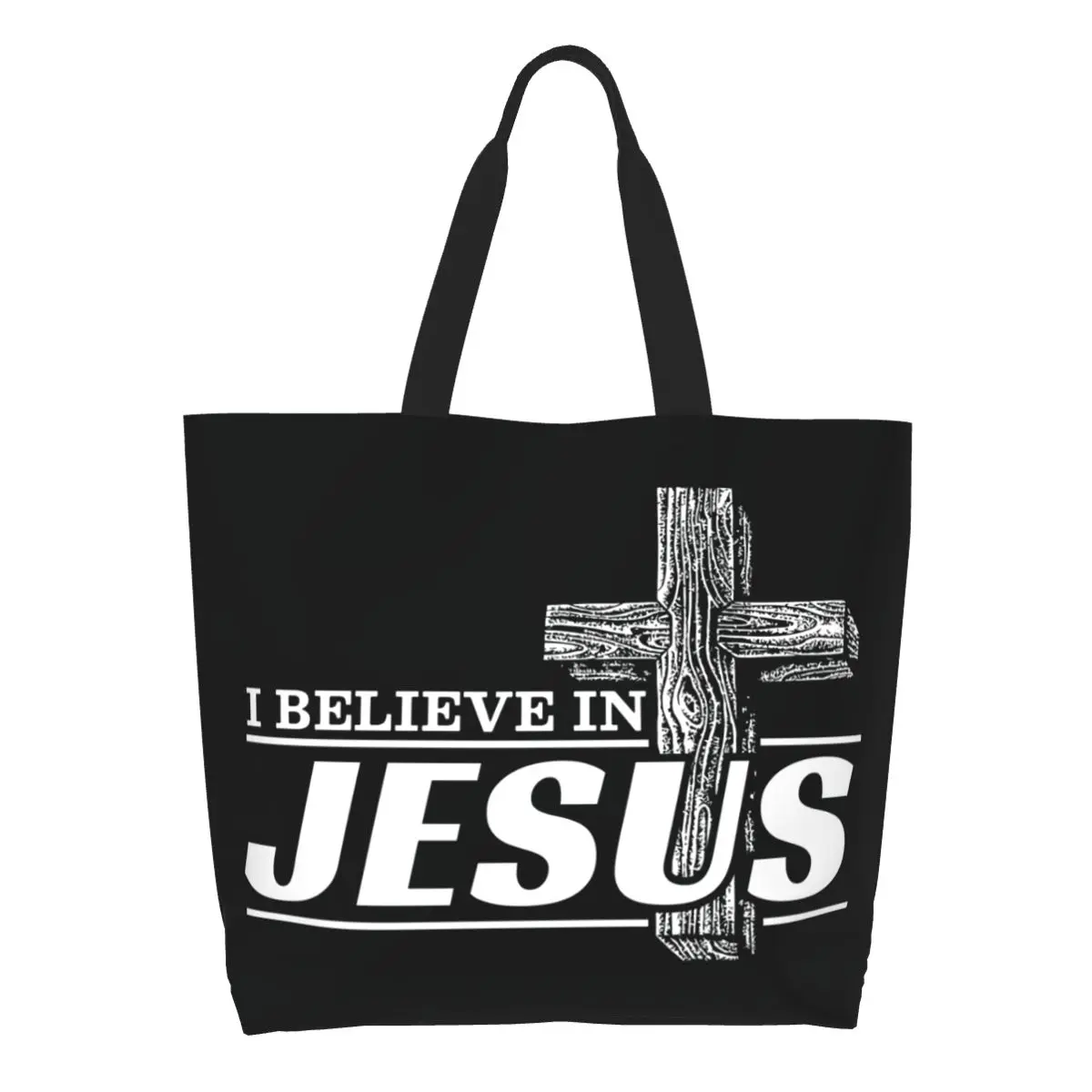 أنا أؤمن على يسوع المسيح البقالة حمل أكياس التسوق المسيحية الإيمان قماش المتسوق حقائب الكتف حقائب اليد ذات سعة كبيرة