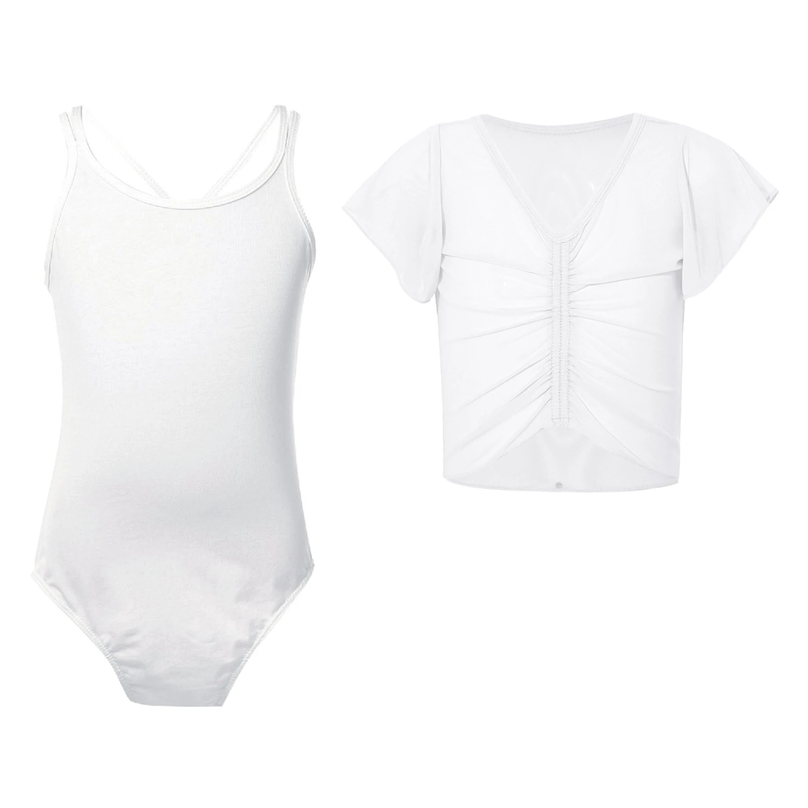 

Girls Figure Skating Performance Outfit Ballet Dance Leotard with V-Neck Ruffled Sleeves Sheer Mesh Crop Top Ballet Dancewear