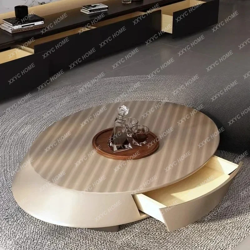 XXLight luxury stainless steel elliptical round ratio solid wood coffee table household small apartment coffee table