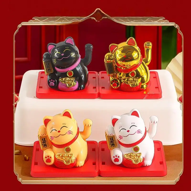 1Pcs Waving Wealth Good Fortune Awaits Solar-Powered Ornaments For Home And Office Lucky Beckoning Cat Solar PoweredHot
