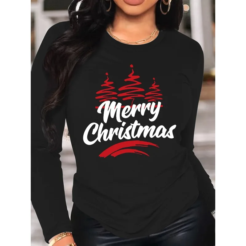 Women's Long Sleeve T-Shirt Merry Christmas Red Scribble Trees Minimalist Graphic Crew Neck Slim Fit Fall Winter Tops
