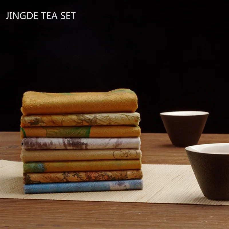 Square Painted Thick Tea Towel Super Absorbent High-end Tea Set Accessories Tea Table Cloth Pad Professional Rag Tea Napkin