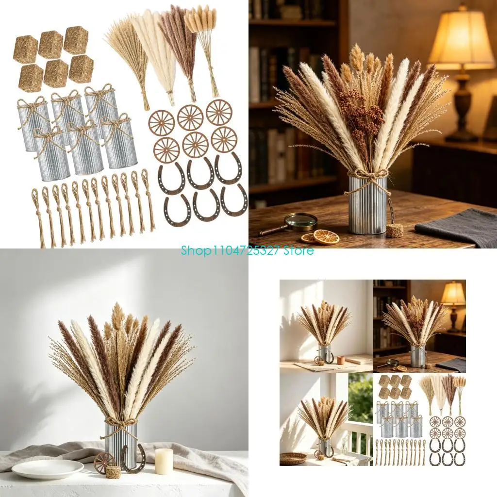 D8KF 132-Piece Western Centerpieces Decors Set with Galvanized Metal Vases, Farmhouses Horseshoe and Wagon-Wheel, Dried Grass