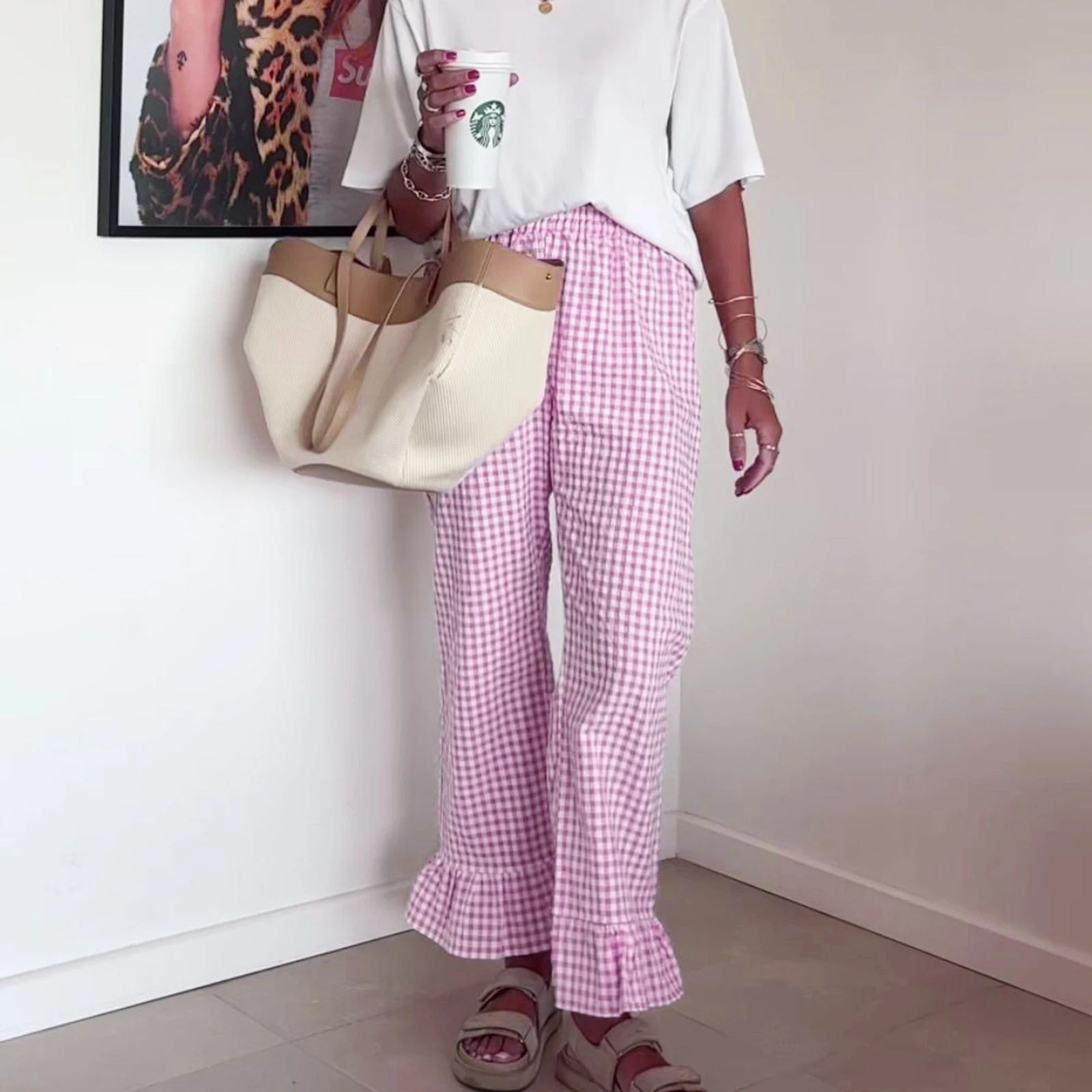 Gaono Women Y2K Plaid Print Flared Pants Ruffle Hem Gingham Long Trousers Elastic Waist Loose Fit Long Bottoms