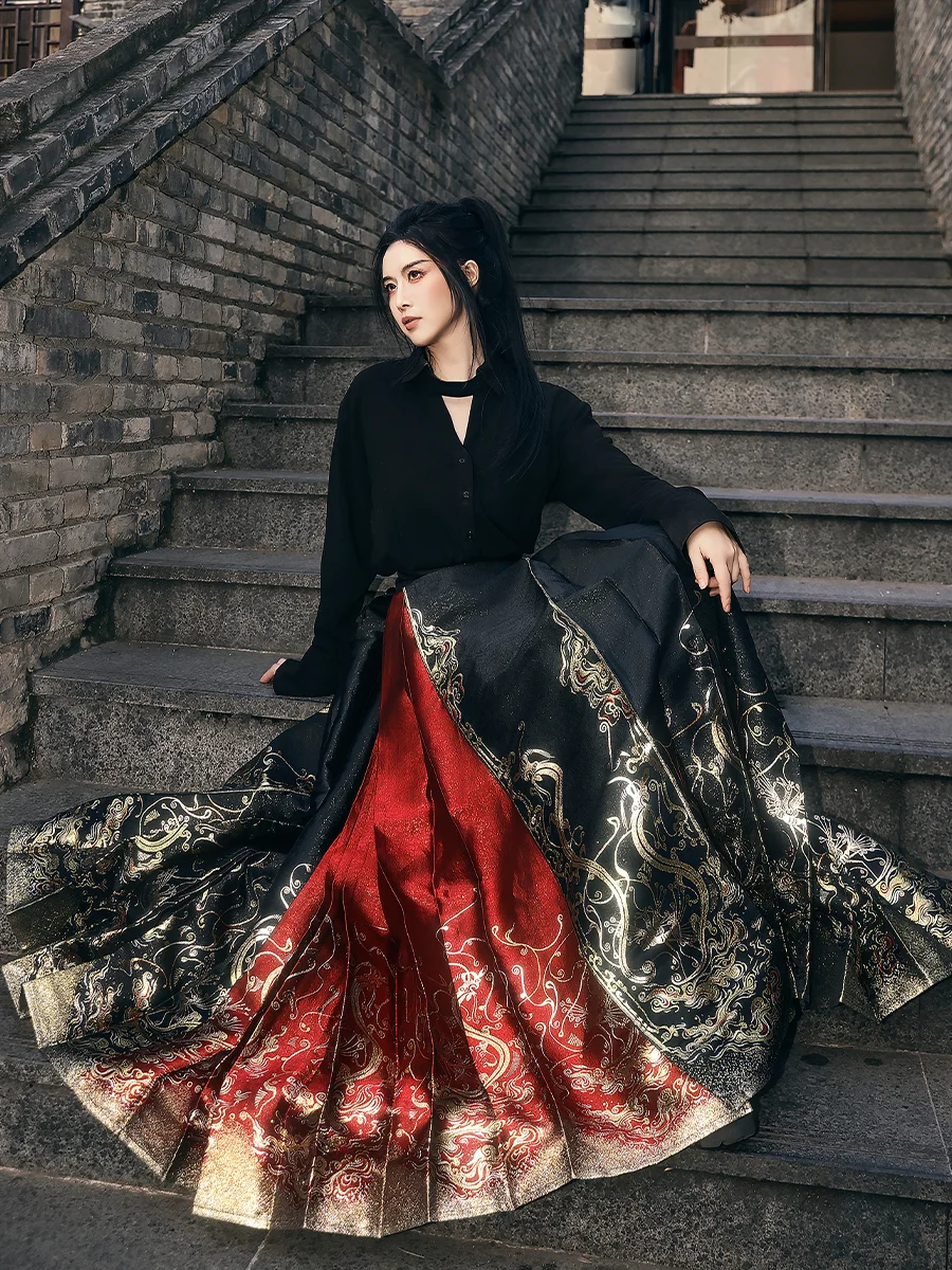 

Юбка Ханфу Huangyue Gold Dragon Cloud Color Blo Red Bla: Модная современная женская юбка из полиэстера для повседневной носки