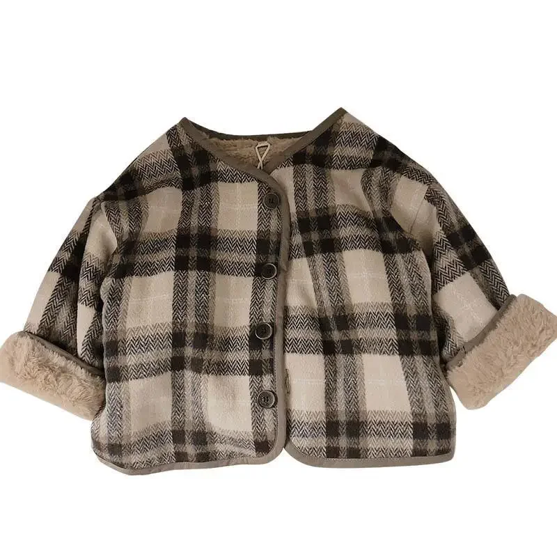 Woolen Plaid Children\'s Plush Coat Korean Version Autumn and Winter New Boys\' and Girls\' Coats Loose Baby Cotton Padded Clothes