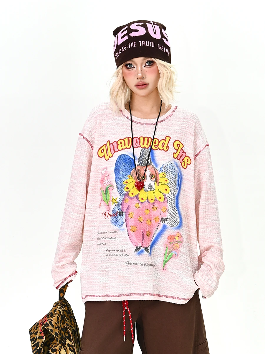 

Loose Long Sve T-irt Women's Street Sle Cartoon Anime Casual Faion Spring New Loose Bf American Trend Top