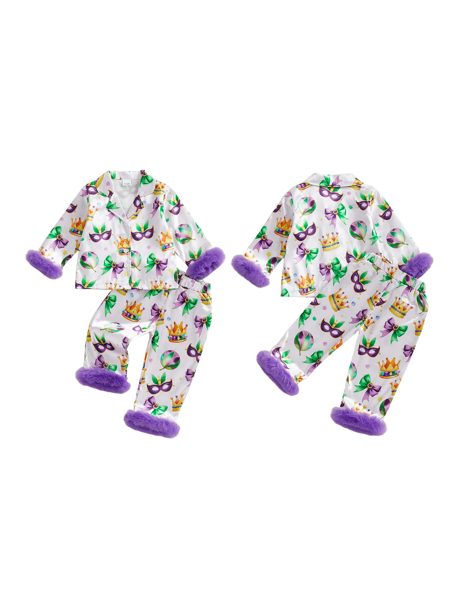 طقم بيجامة رائع للأطفال الأولاد MardiGras مع طباعة ملونة وحواف فرو مريحة - بلوزات وسراويل متطابقة مع أزرار سفلية