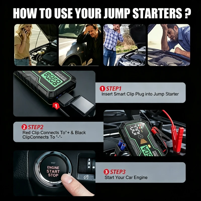 Car Jump Starter, 12V Auto Battery Booster, Up to 5.0L Gas/4.0L Diesel Engines, Portable Power Bank with Dual USB Ports, LED Eme