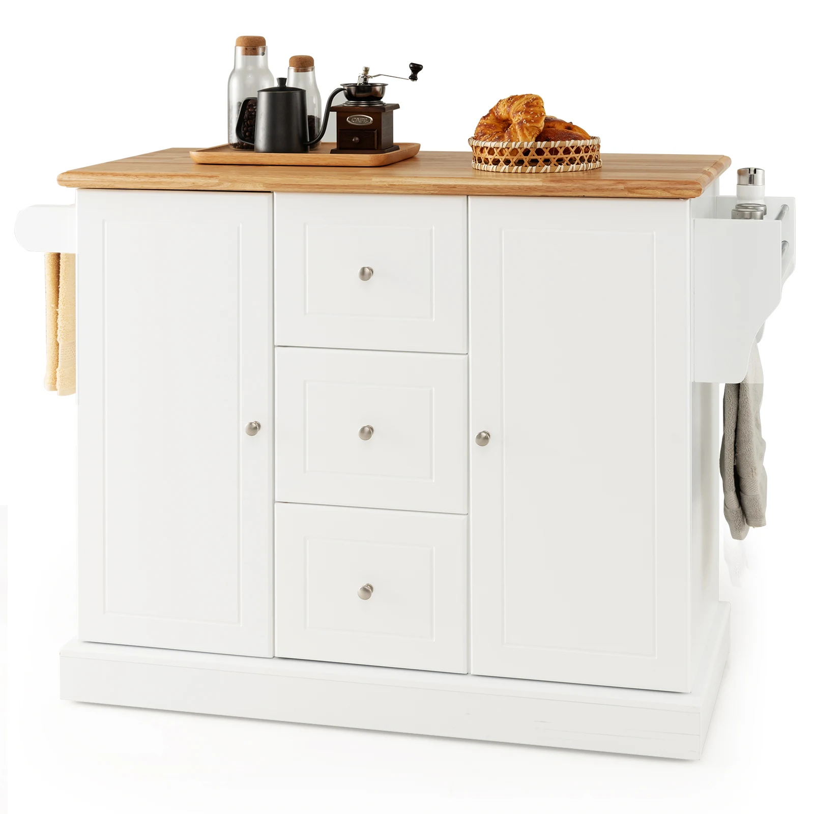 Kitchen wardrobe Wood, kitchen island with 5 hidden rollers, kitchen cart with work Plate & towel holder & 3 drawers