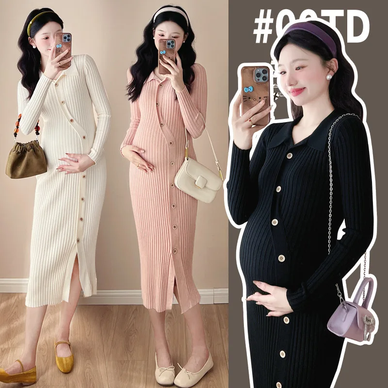 

2025 Trendy Sweet Pregnancy Dress Winter Soft Knit Stretch Maternity Dress Flattering Figure Hugging Chic Mommy Outfit