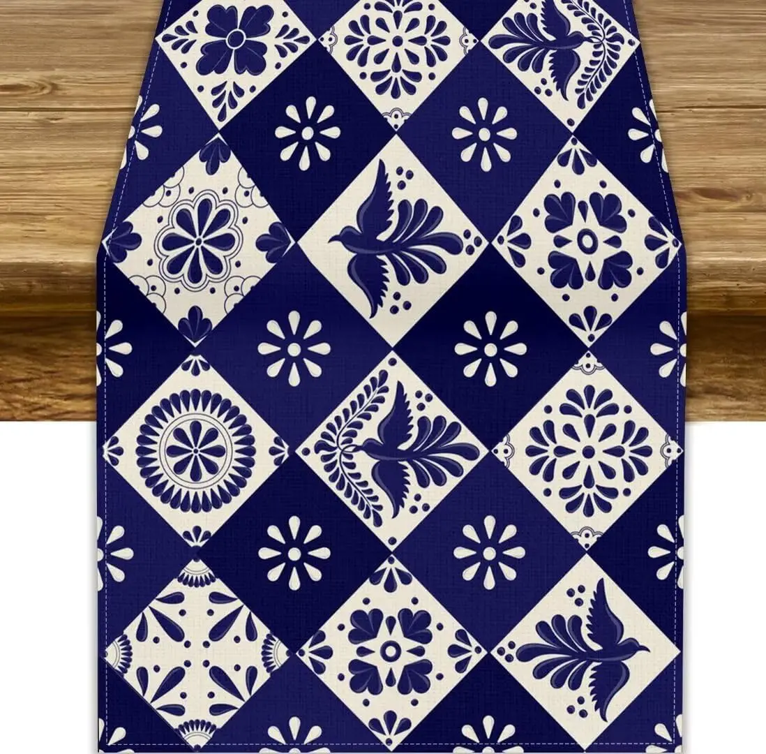 

Мексиканская Талавера, синяя лоскутная плитка, льняная дорожка для стола, декор для вечеринки, многоразовая дорожка для кухонного обеденного стола, декор в честь Дня мертвых