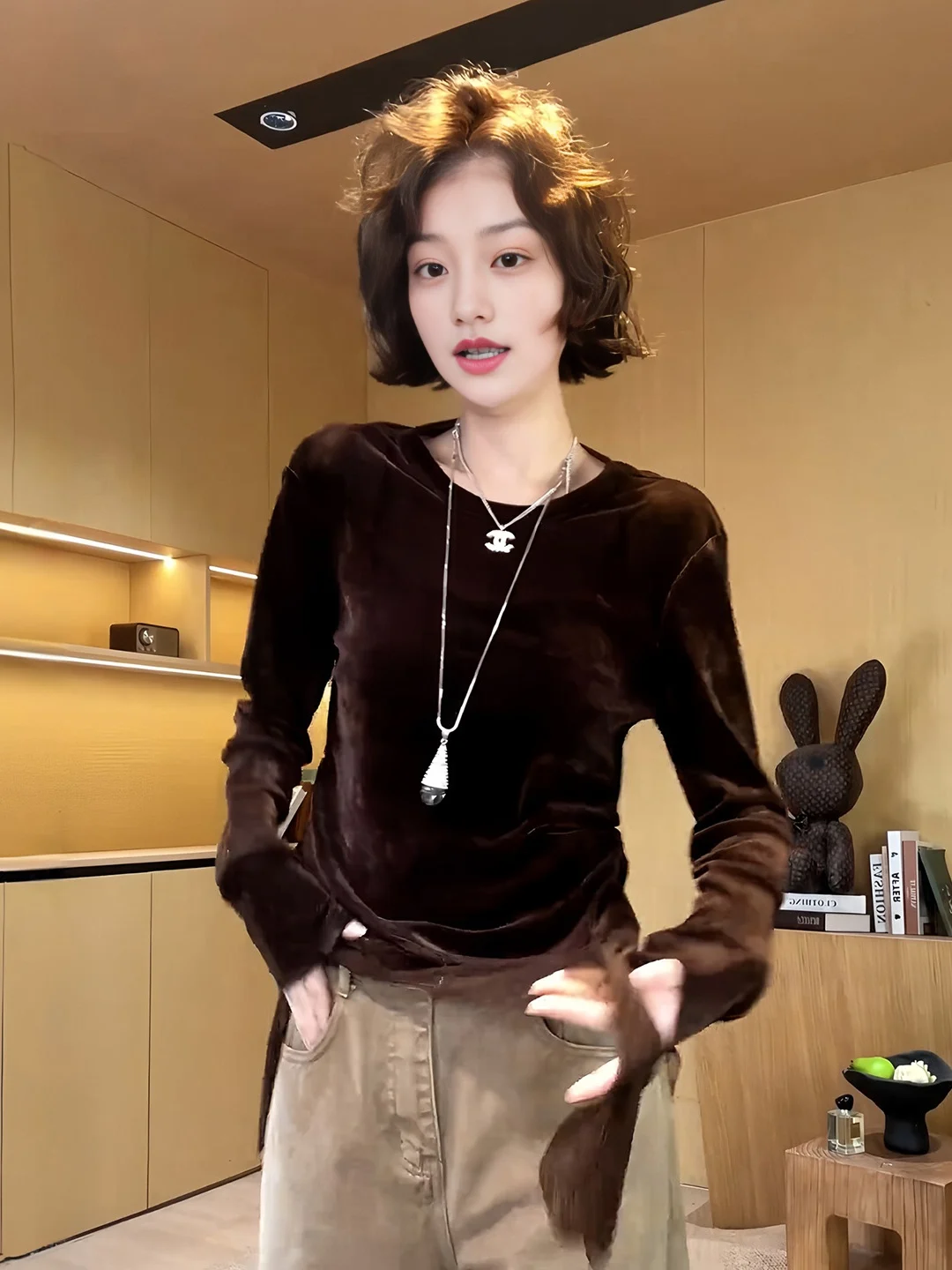 plus Size Lace Splice Asymmetrical Brown Long Sleeve T-Shirt Women's Autumn New Style Base Layer Fashionable Top