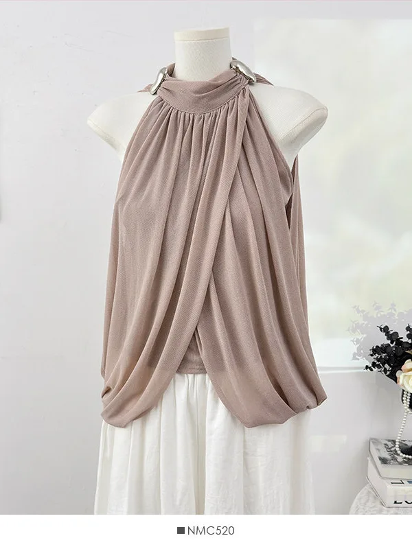 

Korean Gentle Pleated Summer New Style Metal Buckle Cloak Loose Women's Loose Shiny Vest Top Breathable Skin-friendly Pure Color