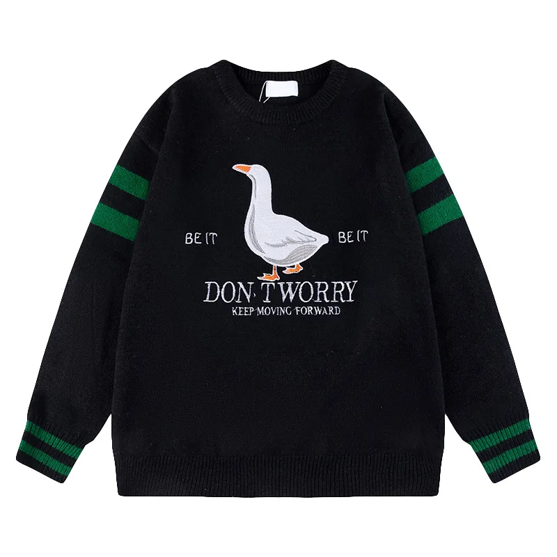 Duck Letter Print Casual Knitted Men's Autumn Winter Sweater Retro Hip Hop Casual Baggy O Neck Couple Sweaters Pull Homme Hombre