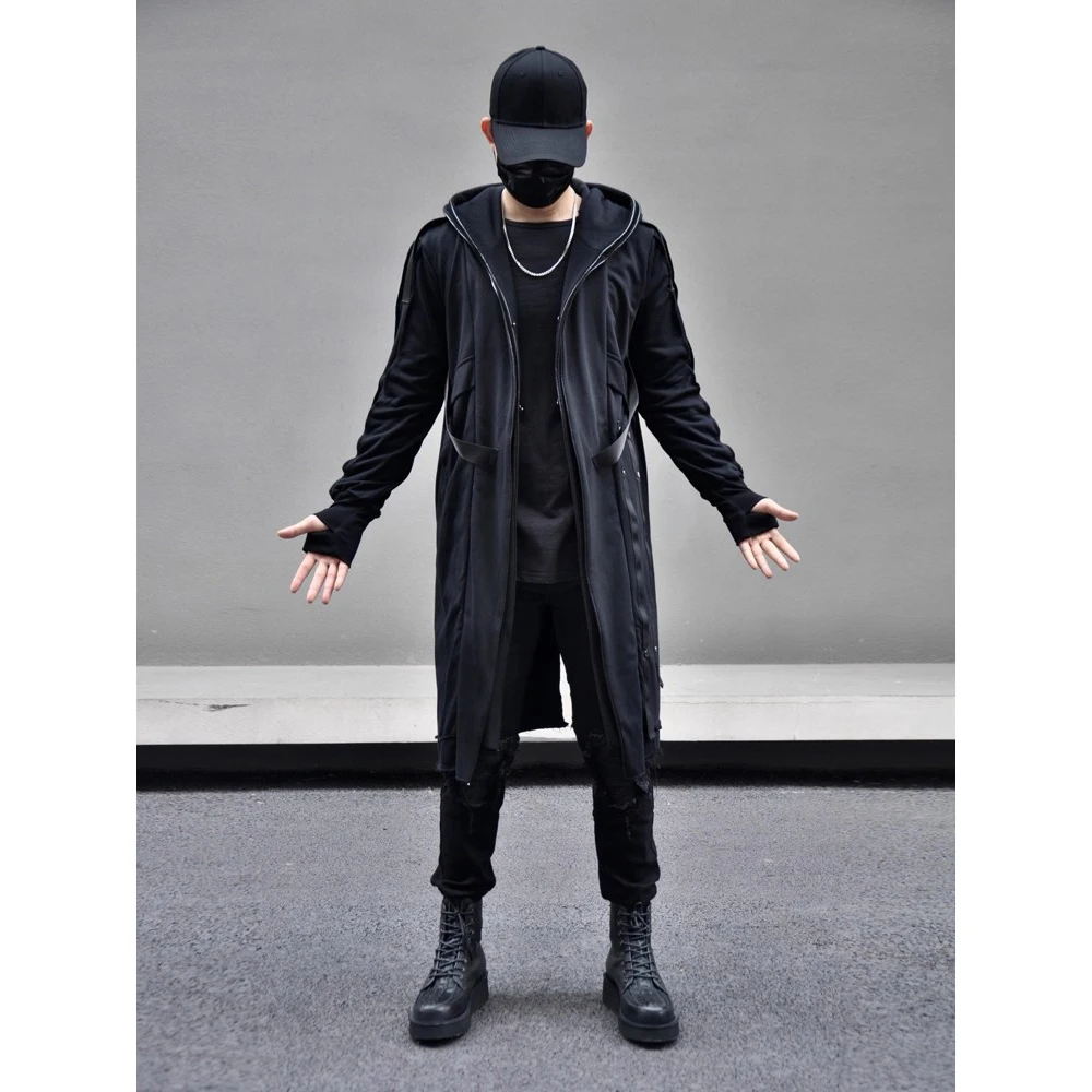 メンズ偽 2 トレンチジャケットウインドブレーカー男性ゴシックパンクストリートロングジャケットコート機能パーカー服黒