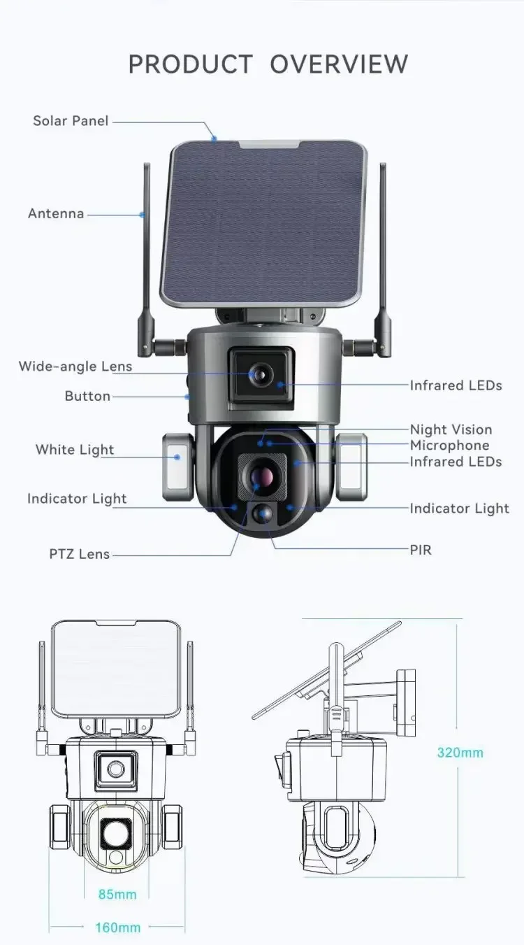 

Dual Lens Wifi Solar Powered Camera 4g Sim Card Ptz Ip Camera Outdoor 4g Solar Dual Security Camera 10x Zoom Ultra Hd 4k