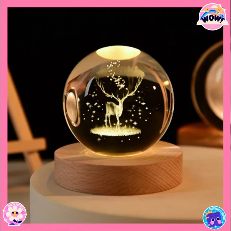 كرة كريستال عيد الميلاد ثلاثية الأبعاد منقوشة بالليزر على النظام الشمسي 6 سم - كوكب زجاجي كريستالي مع حامل إضاءة ليلي LED أبيض دافئ