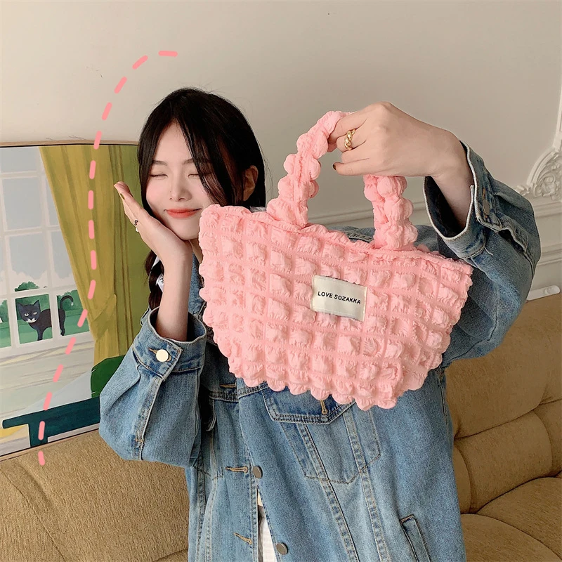 Korean Version Ins Style Fashion Bubble Hand Tote Bag Large Capacity Handbag Women Fabric Carry-on Bag For Daily Commute