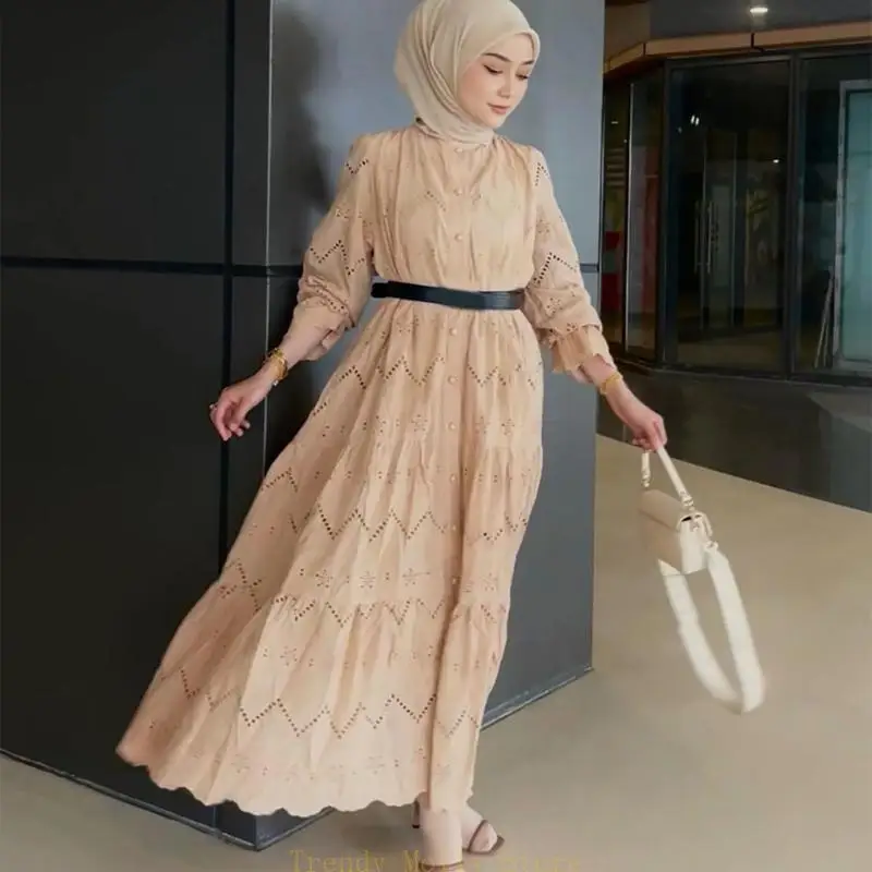 N5kb طويل الأكمام الكشكش فطيرة الإسلامية الإسلامية لباس مطرزة الدانتيل الإسلامي الفستان #4