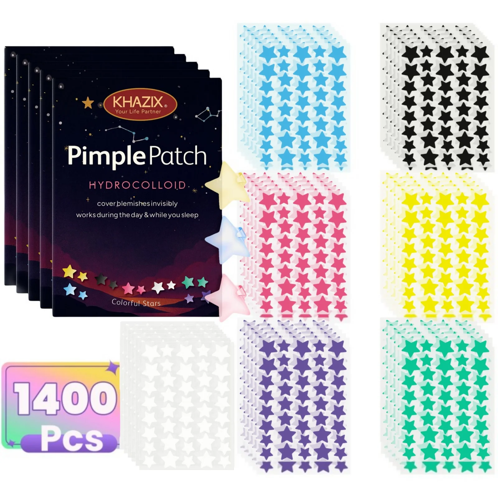 1400pcsSeven-color star acne sticker, mild and non-irritating acne sticker, covering acne flaws, waterproof and breathable