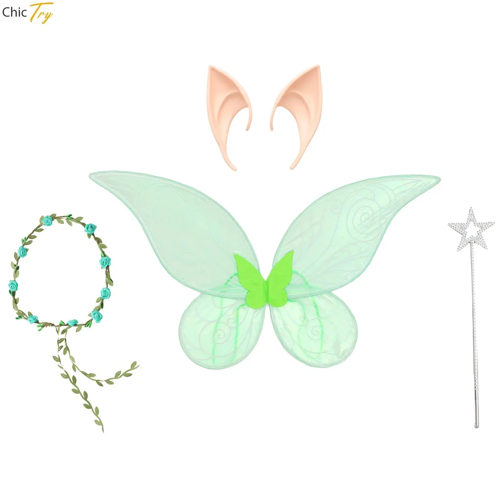 Kids Girls Butterfly Fairy Cosplay 4-piece Set Gradient Wing + Elf Ears + Flower Headwear +Star Wand for Halloween Party Gifts