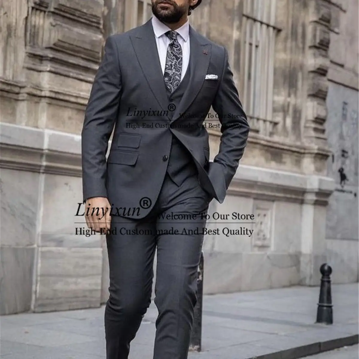 

Formal Gray Men Suit Peaked Lapel Groom Wedding Tuxedo 3 Pieces Jackets Pants Vest Sets Business Male Blazers Slim Costume Homme
