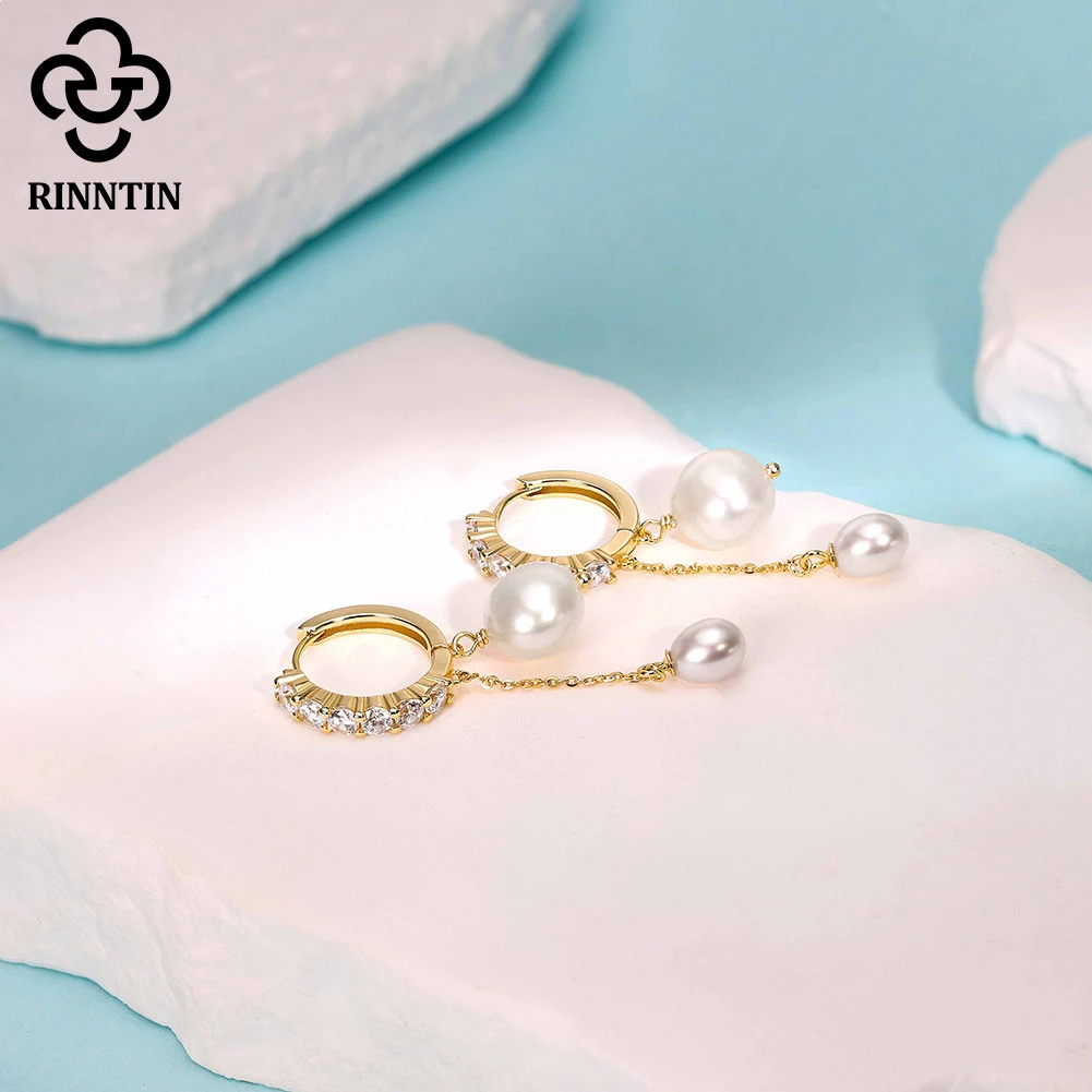 

Длинные висячие серьги с цирконием Rinntin, стерлинговое серебро S925, подвеска с пресноводным жемчугом, висячие серьги, свадебные украшения для ушей GPE126