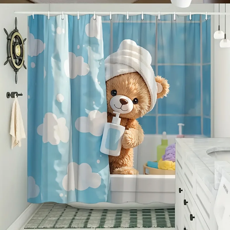 

Cute Teddy Bear Digital Print Shower Curtain Cartoon Animal Bathroom Decor Waterproof Bath Curtain for Home Decoration