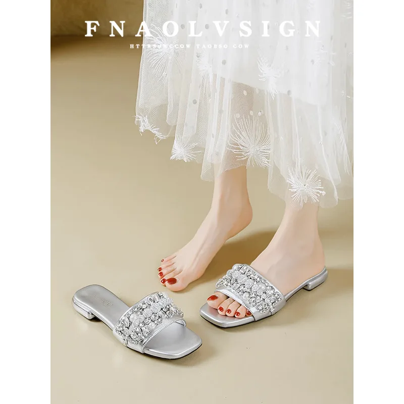 French Style Silver Glitter Heels for Women Low Heel Sandals Pointed Toe Rhinestone Embellished Party Wedding Guest Shoes