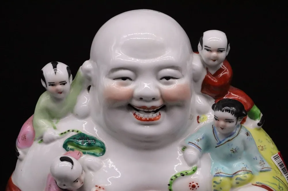Antique Hand Painted Famille Rose Porcelain Laughing Buddha 5 Children Statue