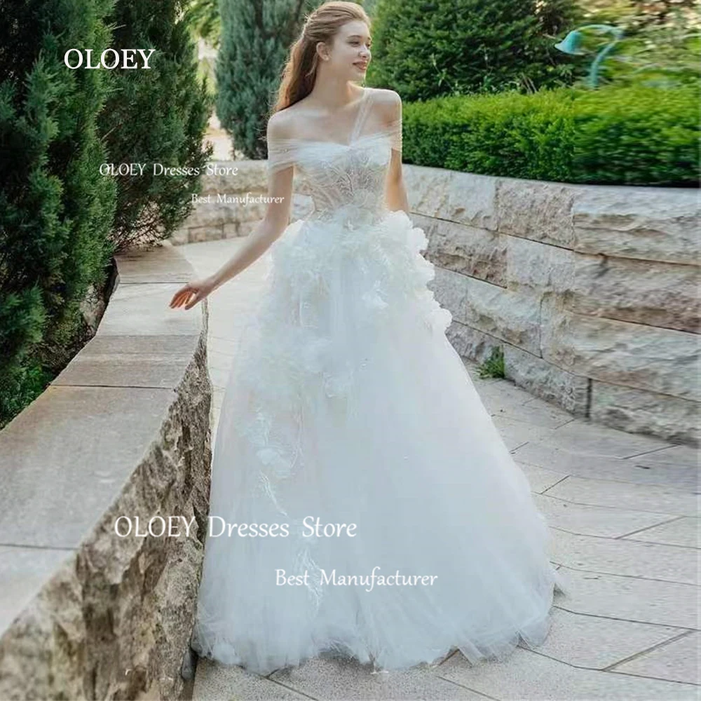 OLOEY Princess Tulle Wedding Dresses Korea Photoshoot Straps Off Shoulder 3d Flowers Bridal Gowns Corset Back Custom Made