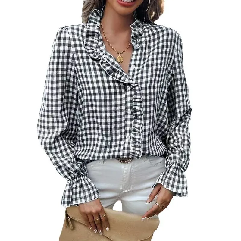 

2025 Women Elegant Long Sleeve Ruffles Blouse Spring Plaid Checked Shirt Vintage Flounce Hem Work Blusas Casual Party Tops