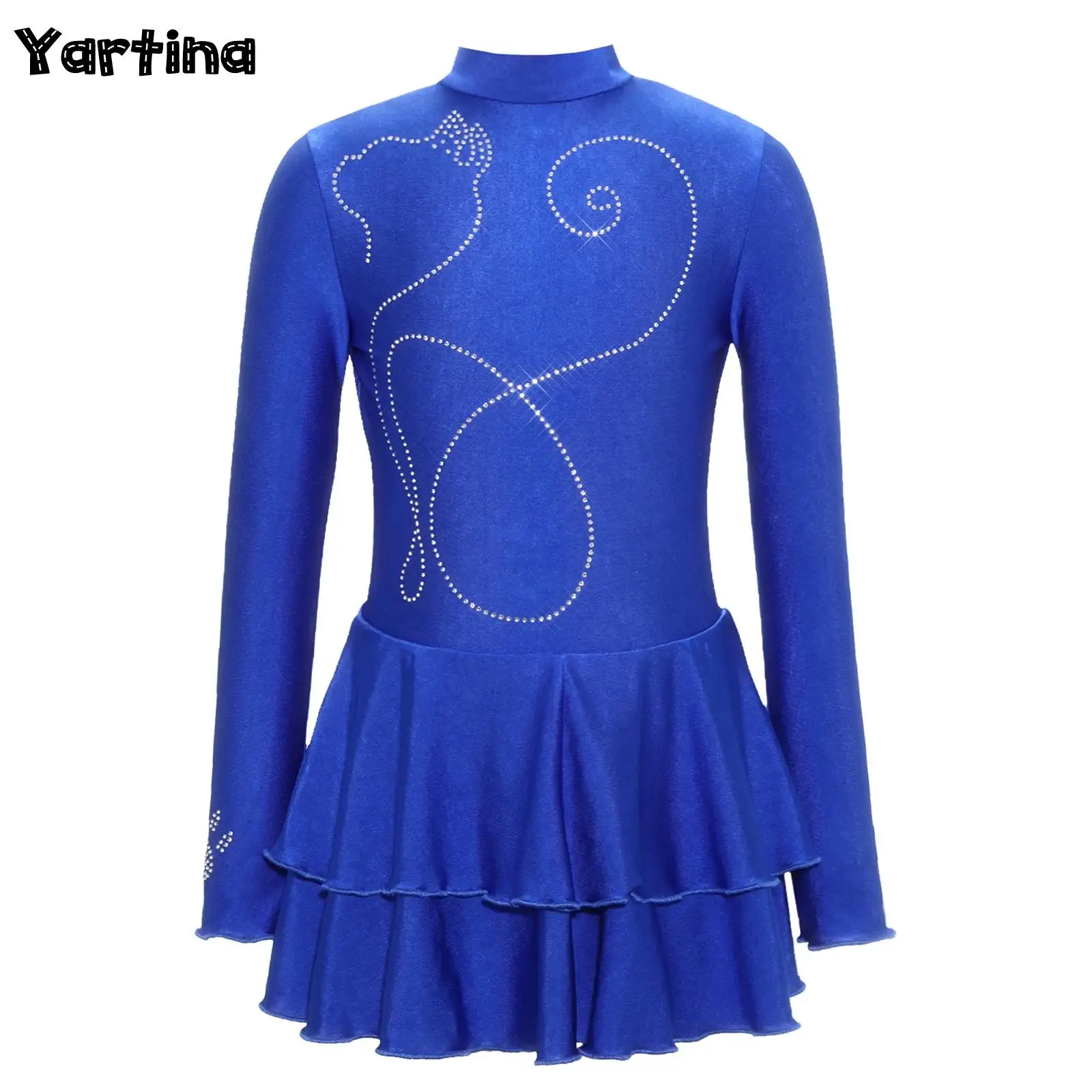 어린이 소녀 체조 피겨 스케이팅 발레 리리컬 댄스 레오타드 드레스 라인스톤 긴 소매 앞지퍼 러플 헴 드레스