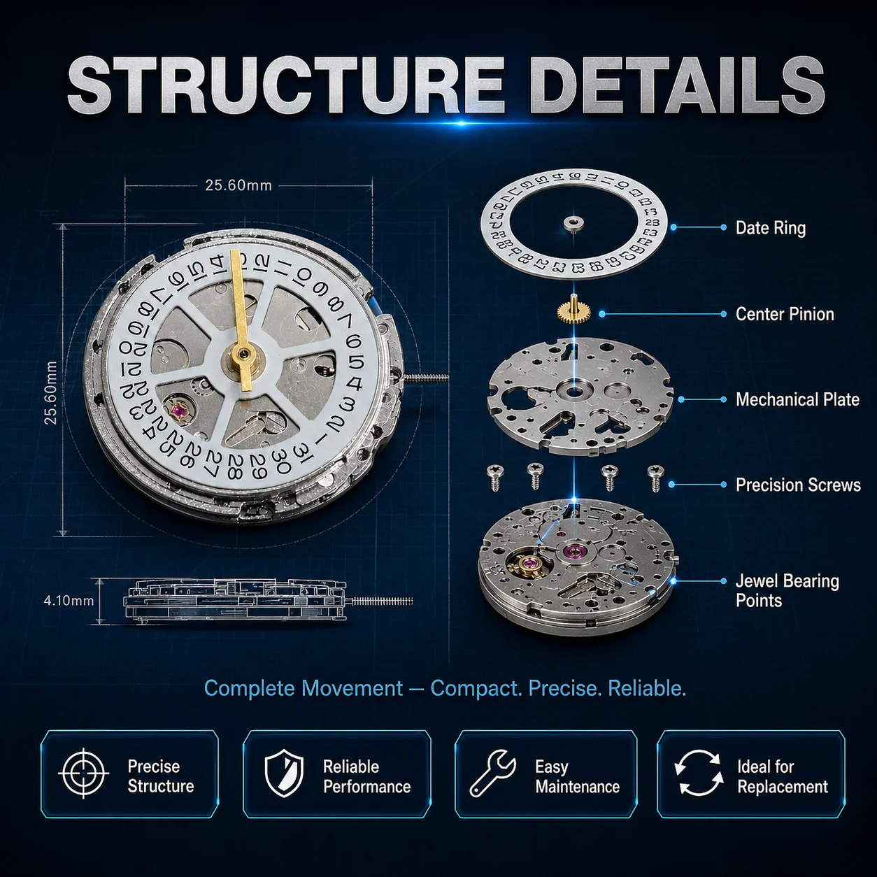 8205 Single Calendar Watch Movement Automatic Mechanical 3 Stitches Metal for 2813 Machinery Replacement
