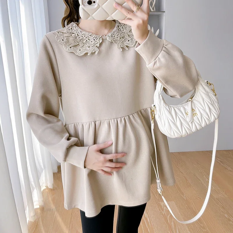 

2024 Spring New Pregnant Woman's Long Sleeved Doll Shirt Sweet Lace Peter Pan Collar Long Lantern Sleeve Maternity Blouses Tops