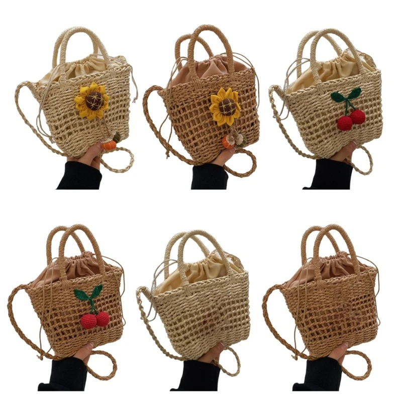 Women Crossbody Bag Summer Straw Bucket Bag Shoulder Bags Beach Tote Phone 066F